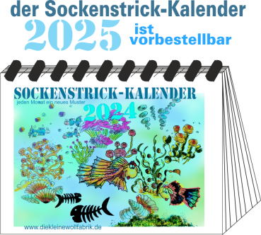 Strickkalender 2025, mit 12 Sockenstrickanleitungen und Wollsockenpaket